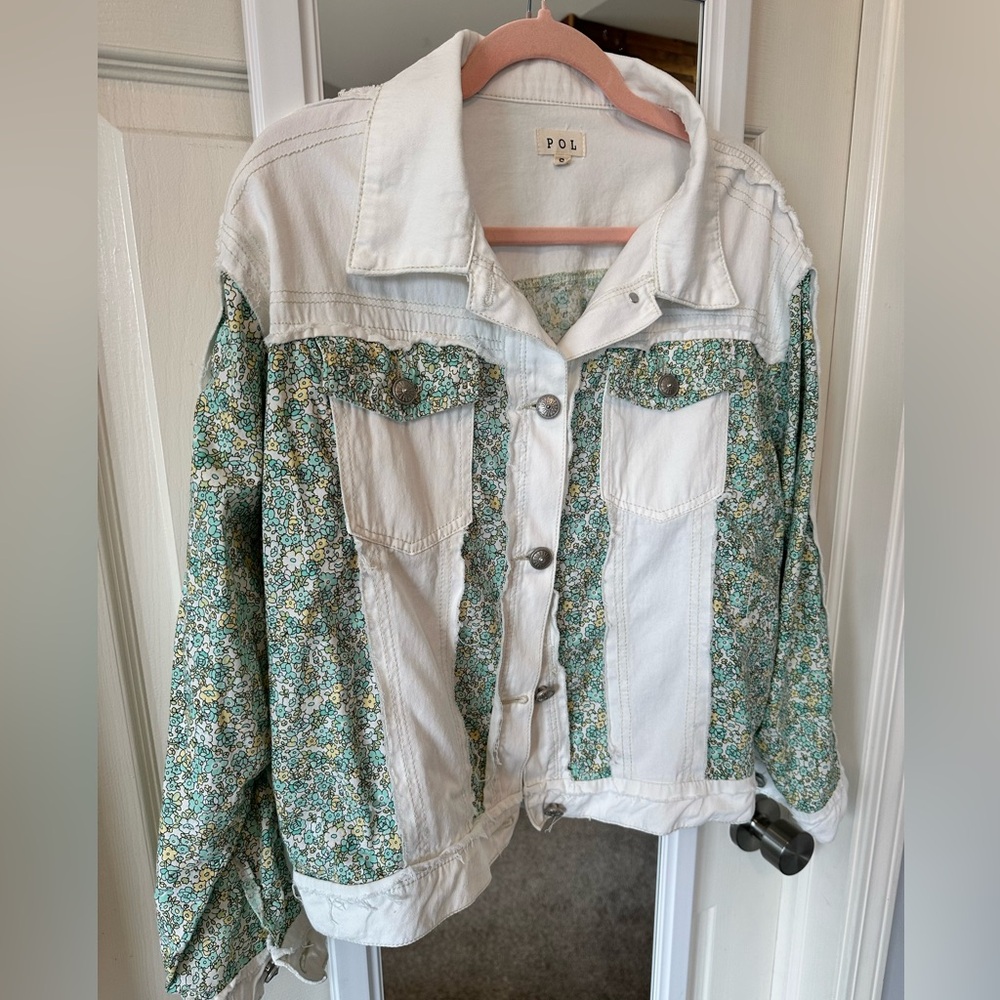 EUC🤍POL Button Down Patchwork Denim Jacket Floral Small Off-White - Picture 7 of 10